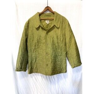 J. Jill Quilted Green 100% Silk Floral Embroidery Button Front Jacket Size XL